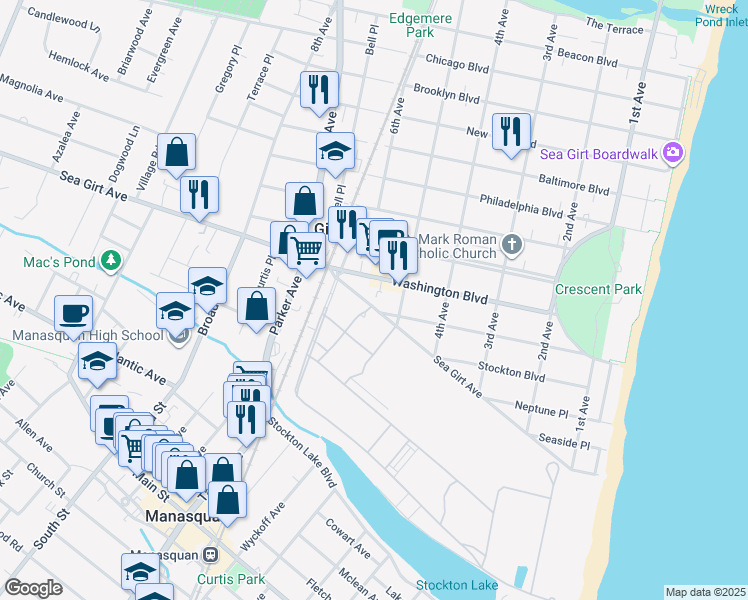 map of restaurants, bars, coffee shops, grocery stores, and more near 511 Sea Girt Avenue in Sea Girt