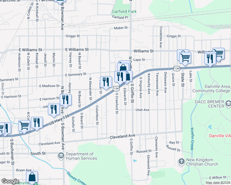 map of restaurants, bars, coffee shops, grocery stores, and more near 18 South Crawford Street in Danville