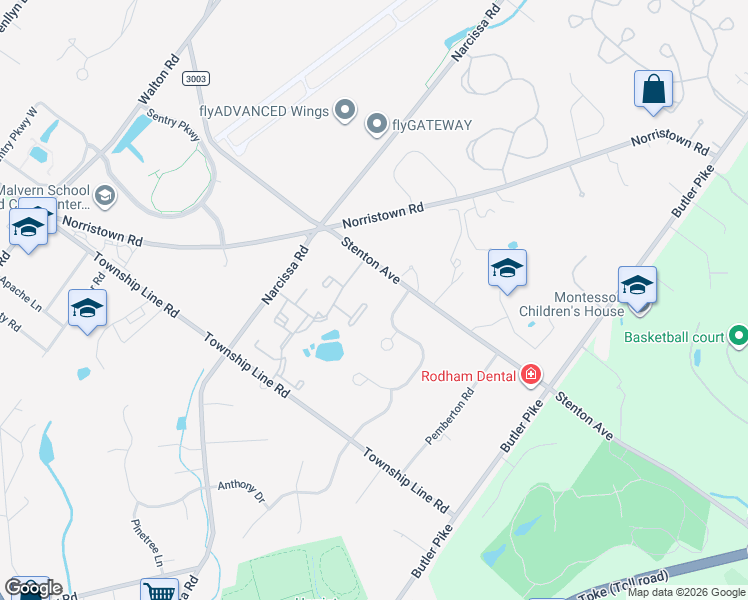 map of restaurants, bars, coffee shops, grocery stores, and more near 45 Ramsgate Court in Blue Bell