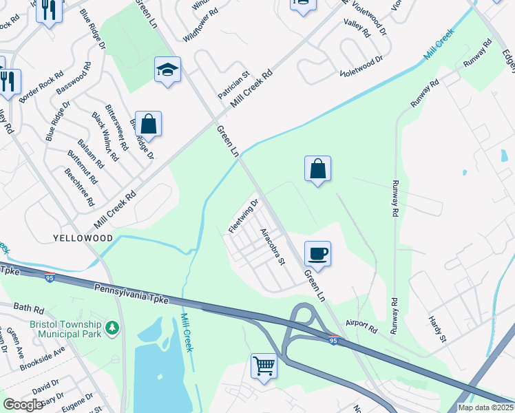 map of restaurants, bars, coffee shops, grocery stores, and more near 5806 Fleetwing Drive in Levittown