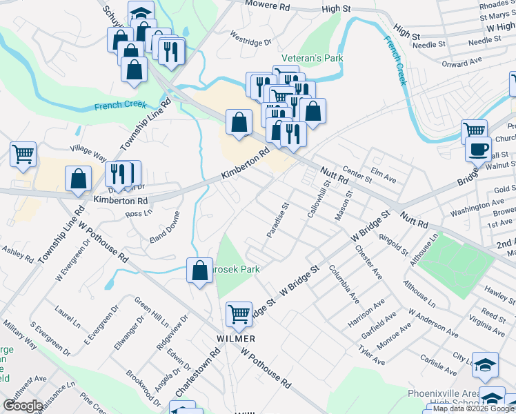 map of restaurants, bars, coffee shops, grocery stores, and more near 151 Montgomery Avenue in Phoenixville