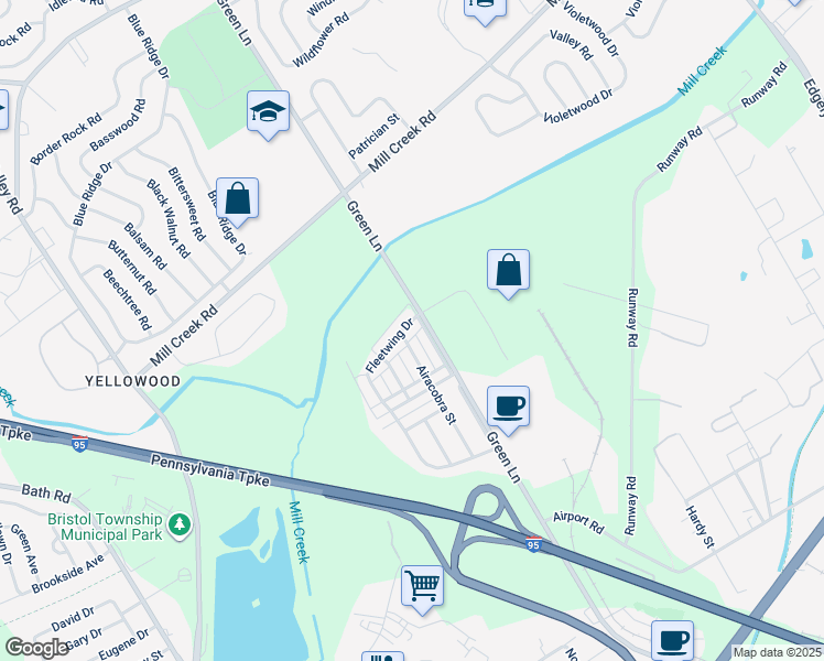 map of restaurants, bars, coffee shops, grocery stores, and more near 5806 Fleetwing Drive in Levittown