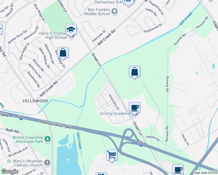 map of restaurants, bars, coffee shops, grocery stores, and more near 5811 Fleetwing Drive in Levittown