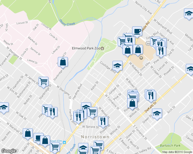 map of restaurants, bars, coffee shops, grocery stores, and more near 415 West Warren Street in Norristown