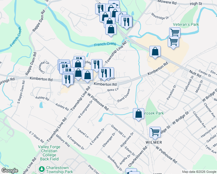 map of restaurants, bars, coffee shops, grocery stores, and more near 808 Kimberton Road in Phoenixville