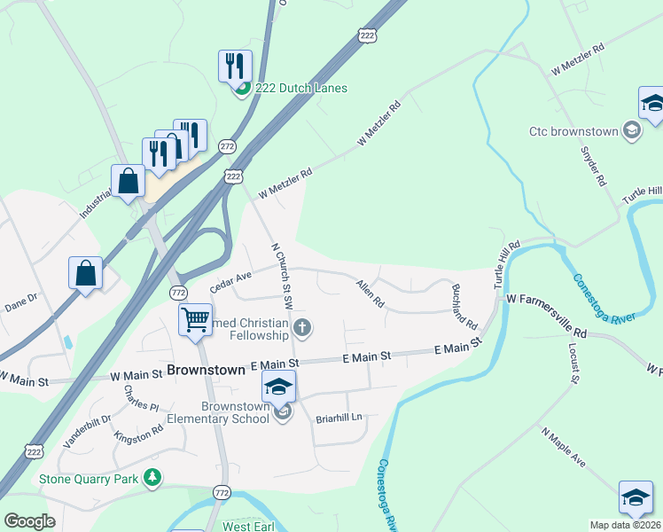 map of restaurants, bars, coffee shops, grocery stores, and more near 27 Allen Road in Ephrata