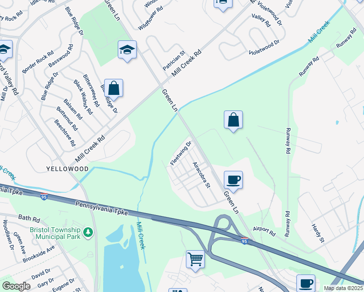 map of restaurants, bars, coffee shops, grocery stores, and more near 5741 Fleetwing Drive in Levittown