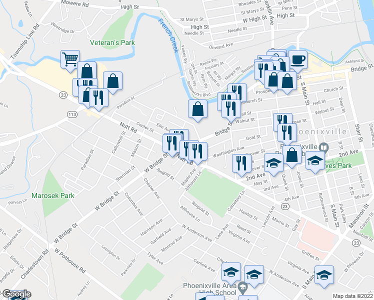 map of restaurants, bars, coffee shops, grocery stores, and more near 634 Bridge Street in Phoenixville