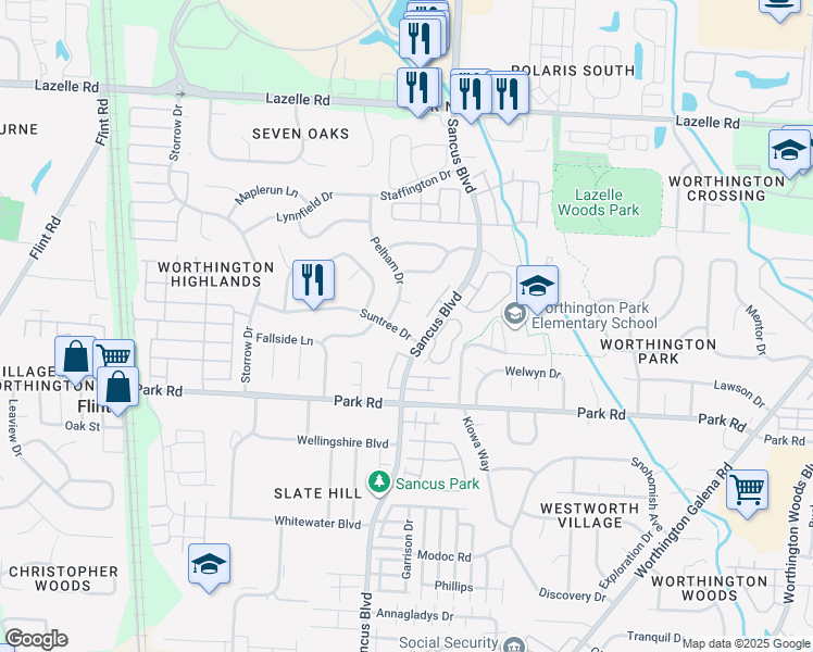 map of restaurants, bars, coffee shops, grocery stores, and more near 889 Pelham Court in Westerville