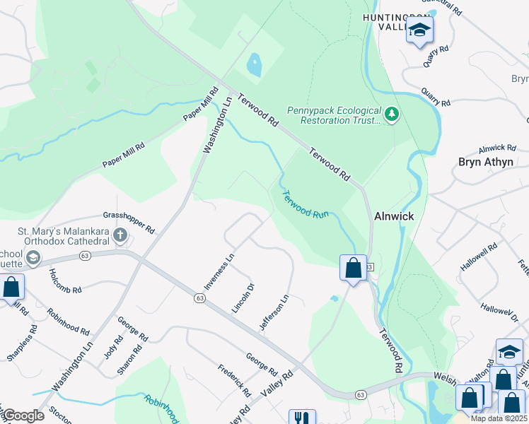 map of restaurants, bars, coffee shops, grocery stores, and more near 2322 Deer Path Rd in Huntingdon Valley