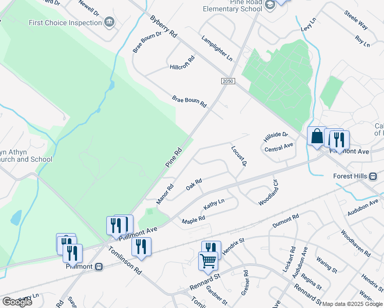 map of restaurants, bars, coffee shops, grocery stores, and more near 3292 Manor Road in Montgomery County