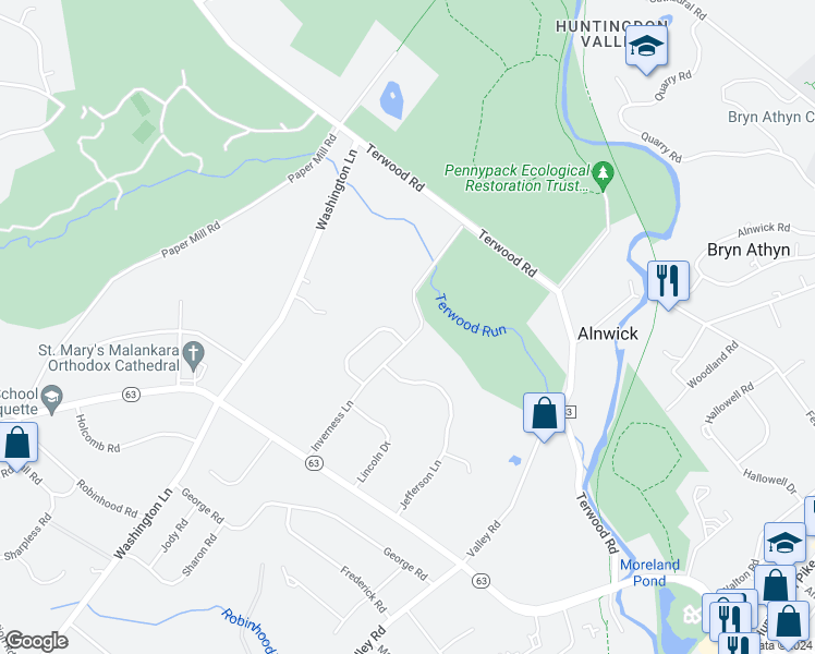 map of restaurants, bars, coffee shops, grocery stores, and more near 2322 Deer Path Rd in Huntingdon Valley