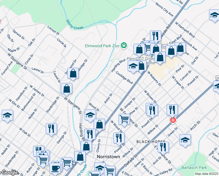 map of restaurants, bars, coffee shops, grocery stores, and more near 429 West Warren Street in Norristown