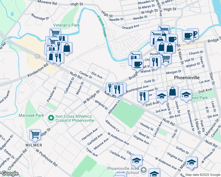 map of restaurants, bars, coffee shops, grocery stores, and more near 634 Bridge Street in Phoenixville