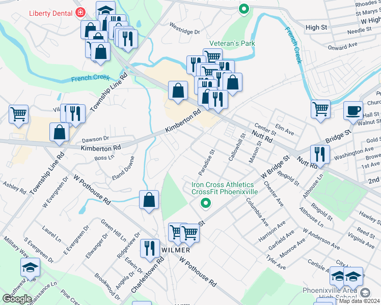 map of restaurants, bars, coffee shops, grocery stores, and more near 154 Montgomery Avenue in Phoenixville