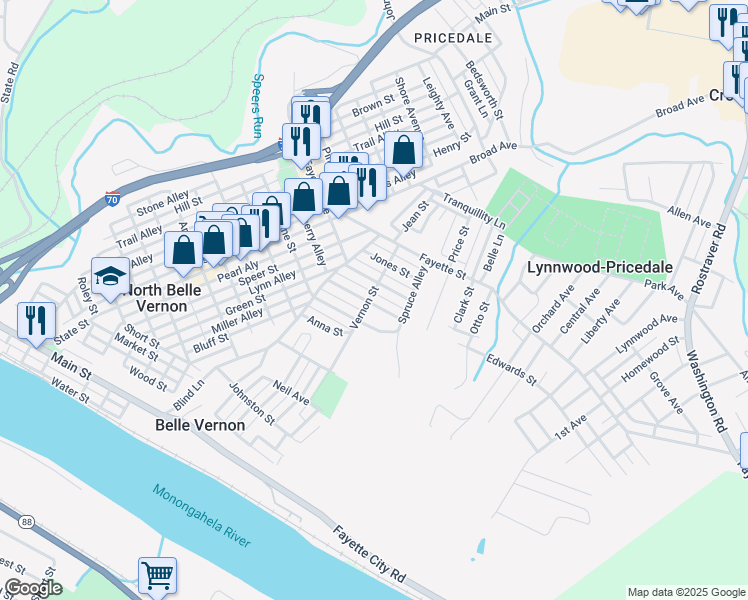 map of restaurants, bars, coffee shops, grocery stores, and more near 408 Vernon Street in Belle Vernon