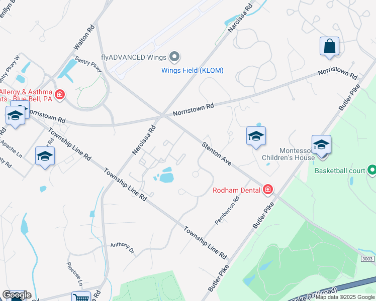 map of restaurants, bars, coffee shops, grocery stores, and more near 45 Ramsgate Court in Blue Bell