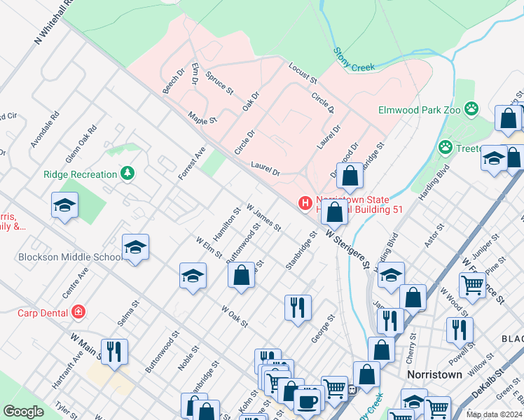 map of restaurants, bars, coffee shops, grocery stores, and more near 1109 West James Street in Norristown