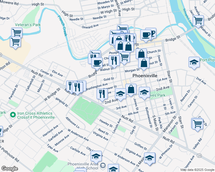 map of restaurants, bars, coffee shops, grocery stores, and more near 365 Washington Avenue in Phoenixville