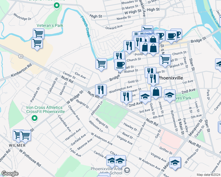 map of restaurants, bars, coffee shops, grocery stores, and more near 435 Breckenridge Street in Phoenixville