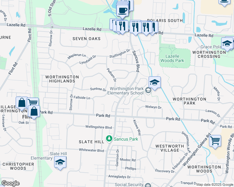 map of restaurants, bars, coffee shops, grocery stores, and more near 889 Pelham Court in Westerville