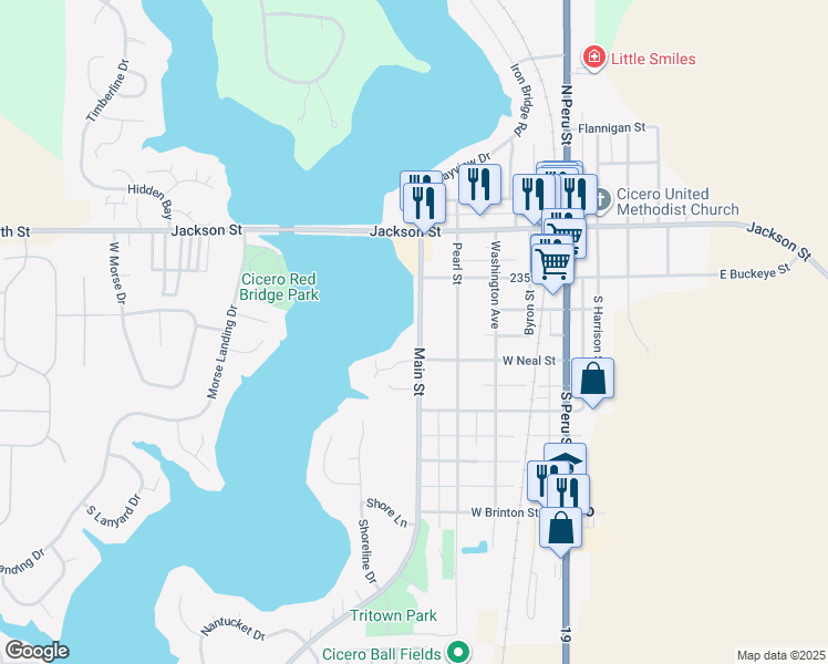 map of restaurants, bars, coffee shops, grocery stores, and more near 350 Main Street in Cicero