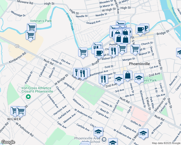 map of restaurants, bars, coffee shops, grocery stores, and more near 541 Washington Avenue in Phoenixville