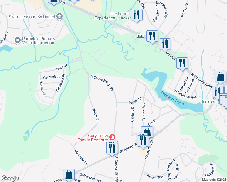 map of restaurants, bars, coffee shops, grocery stores, and more near 111 North Cooks Bridge Road in Jackson