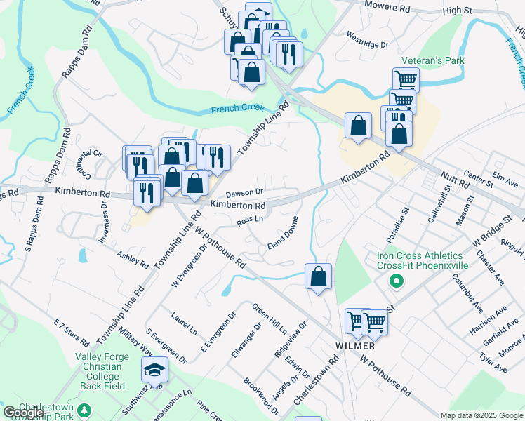 map of restaurants, bars, coffee shops, grocery stores, and more near 1402 Eland Downe in Phoenixville