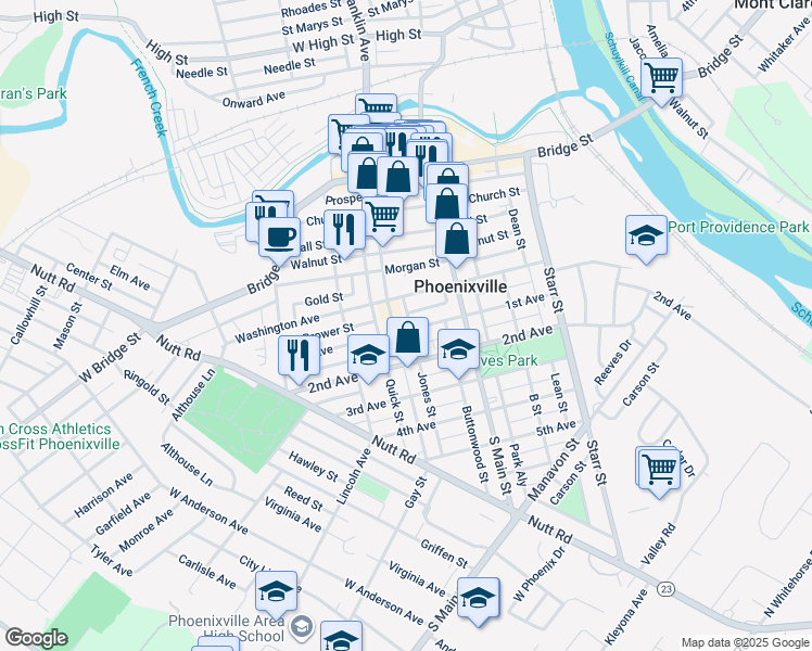 map of restaurants, bars, coffee shops, grocery stores, and more near 255 1st Avenue in Phoenixville
