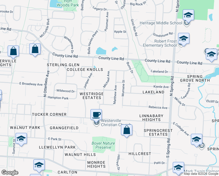 map of restaurants, bars, coffee shops, grocery stores, and more near 494 Michael Avenue in Westerville