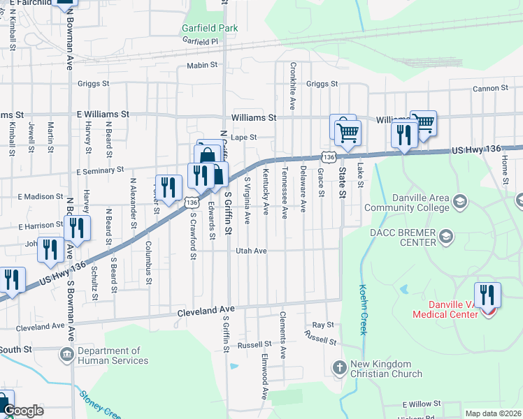 map of restaurants, bars, coffee shops, grocery stores, and more near 27 Kentucky Avenue in Danville