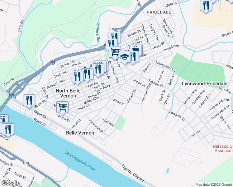 map of restaurants, bars, coffee shops, grocery stores, and more near 700 Green Street in Belle Vernon