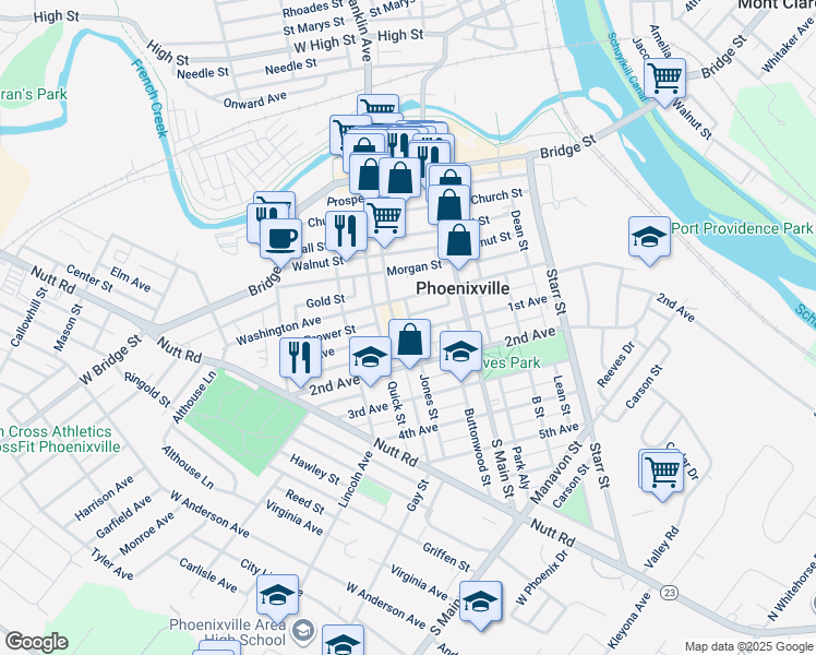map of restaurants, bars, coffee shops, grocery stores, and more near 255 1st Avenue in Phoenixville