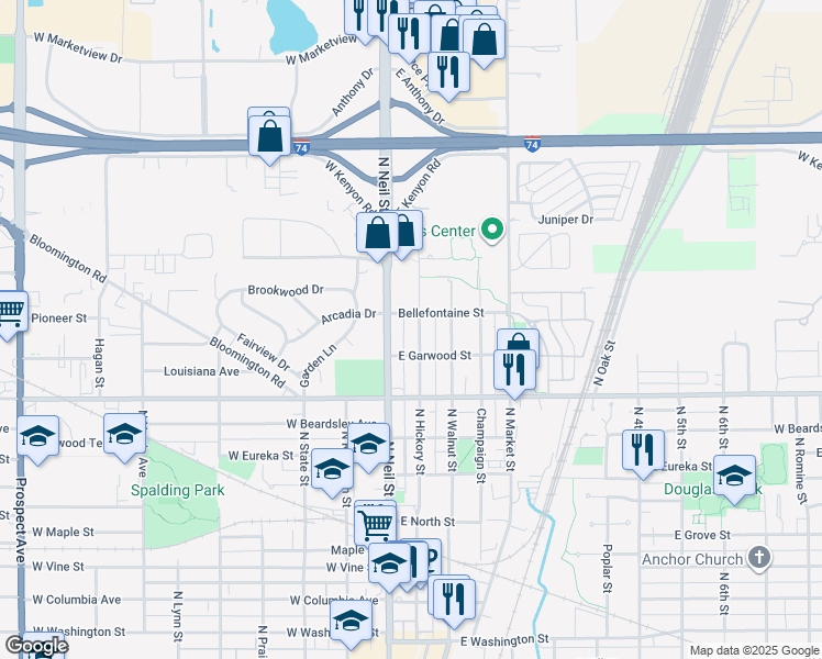 map of restaurants, bars, coffee shops, grocery stores, and more near 1312 North Hickory Street in Champaign