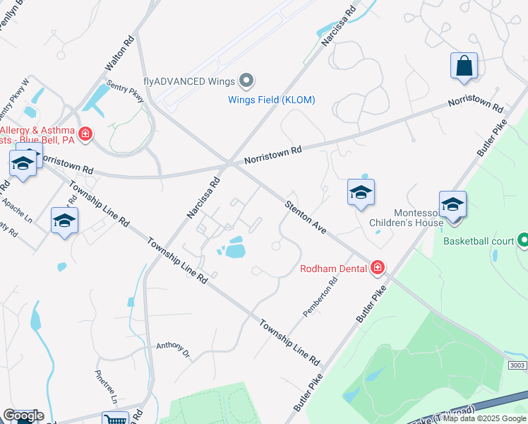map of restaurants, bars, coffee shops, grocery stores, and more near 45 Ramsgate Court in Blue Bell