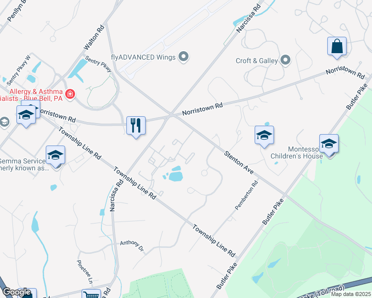 map of restaurants, bars, coffee shops, grocery stores, and more near 66 Ramsgate Court in Blue Bell