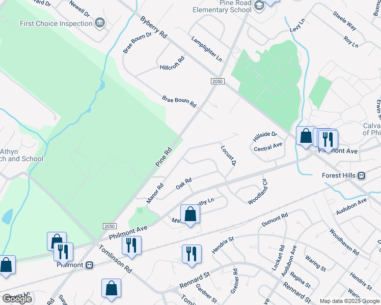 map of restaurants, bars, coffee shops, grocery stores, and more near 3323 Manor Road in Montgomery County