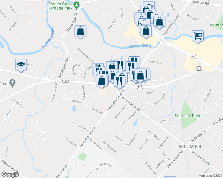 map of restaurants, bars, coffee shops, grocery stores, and more near 708 Pothouse Road in Phoenixville