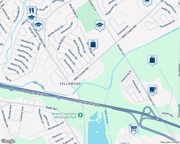 map of restaurants, bars, coffee shops, grocery stores, and more near 36 Young Birch Road in Levittown