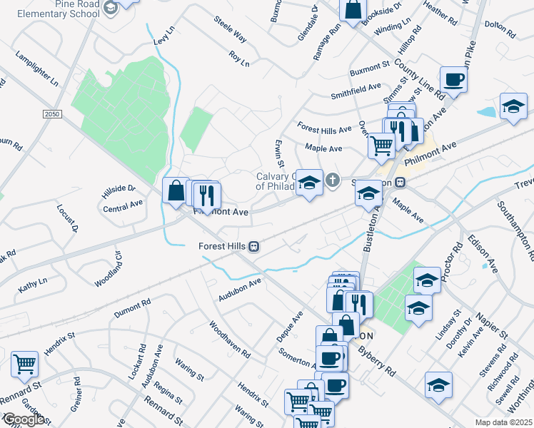 map of restaurants, bars, coffee shops, grocery stores, and more near 13380 Philmont Avenue in Philadelphia