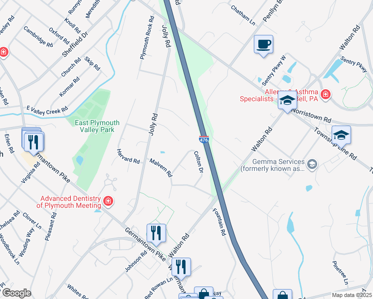 map of restaurants, bars, coffee shops, grocery stores, and more near 17 Colton Drive in Plymouth Meeting