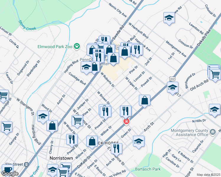 map of restaurants, bars, coffee shops, grocery stores, and more near 1635 Pine Street in Norristown