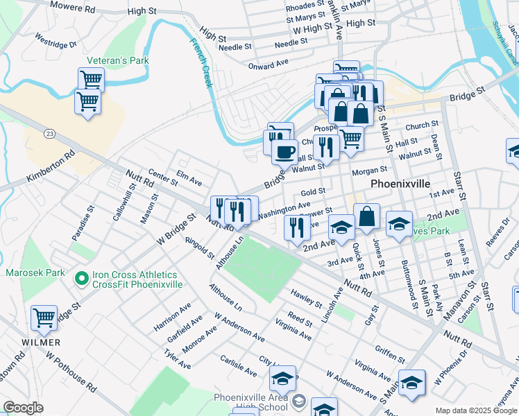 map of restaurants, bars, coffee shops, grocery stores, and more near 541 Washington Avenue in Phoenixville