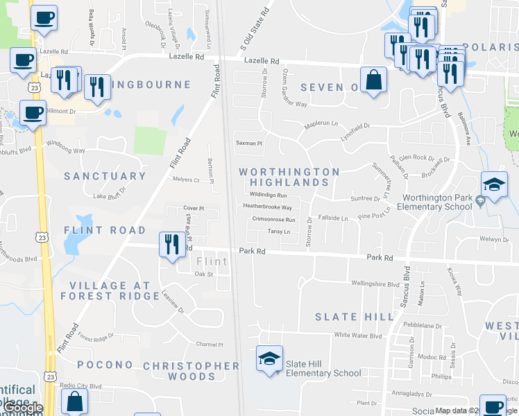 map of restaurants, bars, coffee shops, grocery stores, and more near 519 Heatherbrooke Way in Westerville
