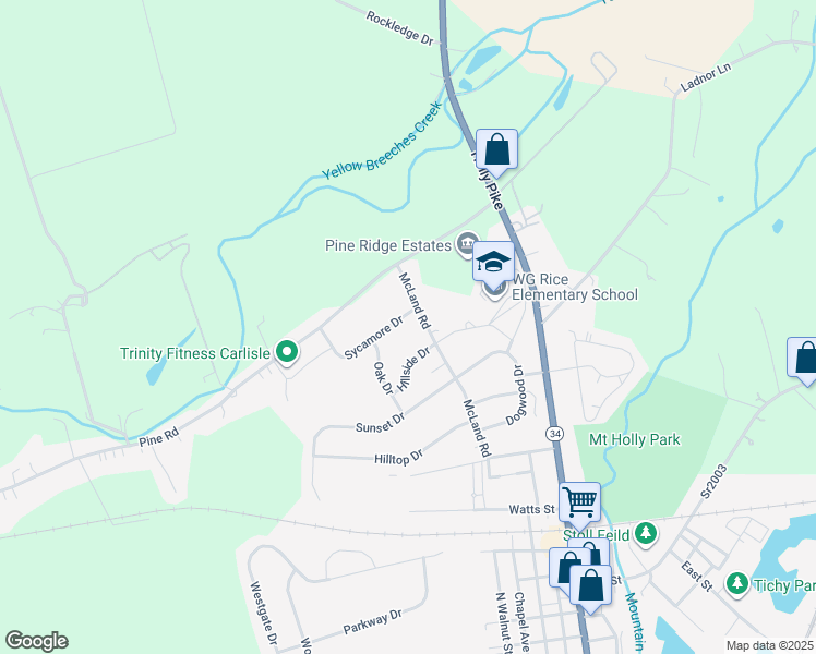 map of restaurants, bars, coffee shops, grocery stores, and more near 106 Sycamore Drive in Mount Holly Springs
