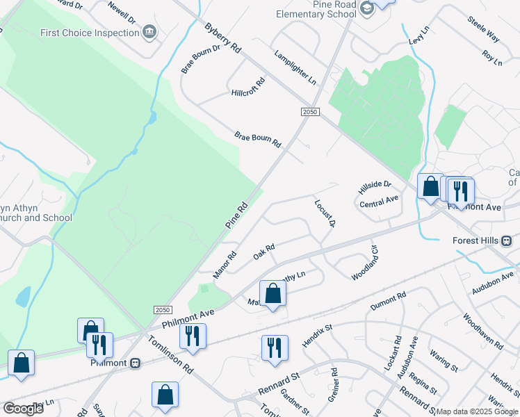 map of restaurants, bars, coffee shops, grocery stores, and more near 3292 Manor Road in Montgomery County