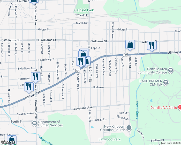 map of restaurants, bars, coffee shops, grocery stores, and more near 17 South Griffin Street in Danville