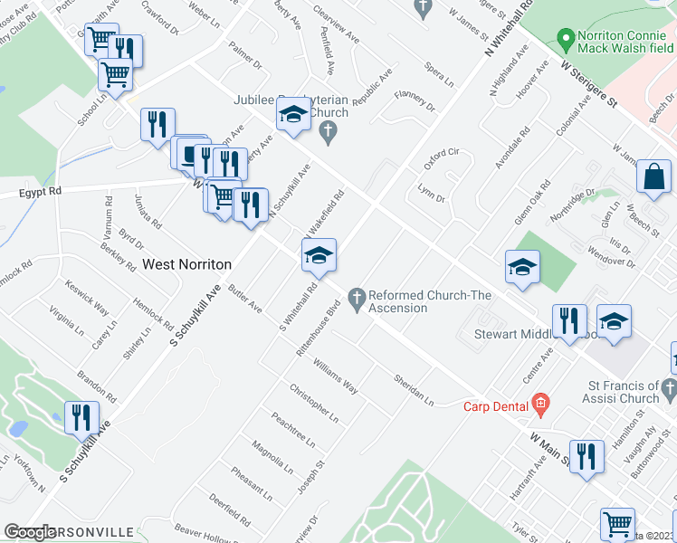 map of restaurants, bars, coffee shops, grocery stores, and more near 1763 West Main Street in Norristown