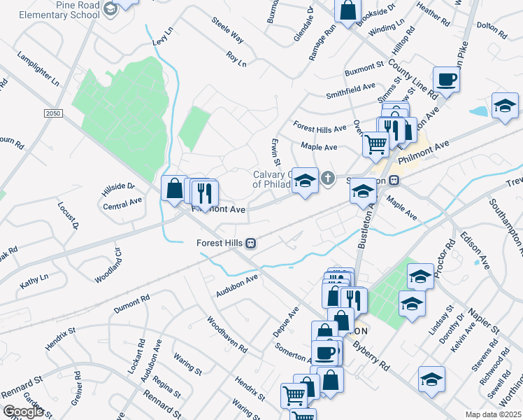 map of restaurants, bars, coffee shops, grocery stores, and more near 13380 Philmont Avenue in Philadelphia